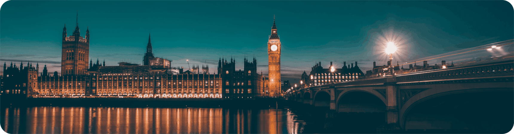 London skyline featuring the Houses of Parliament and Big Ben at night
